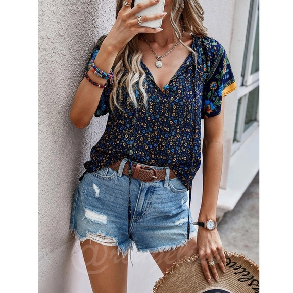 Navy Blue Floral Printed Boho Short Sleeve Shirt V-Neck Ties - Picture 5 of 6